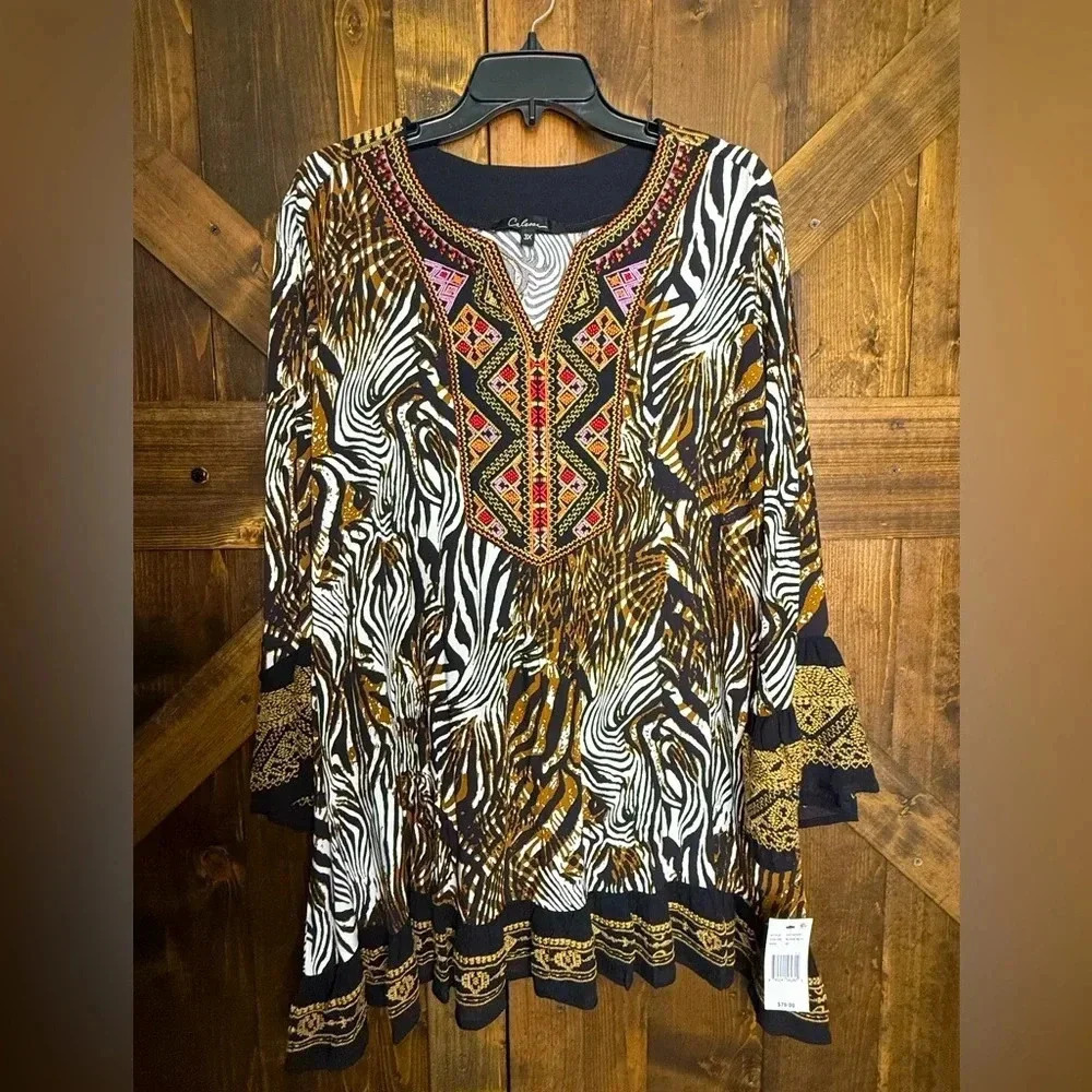 NEW Calessa Tunic Top Embroidered Zebra Animal Print Plus Size 3X